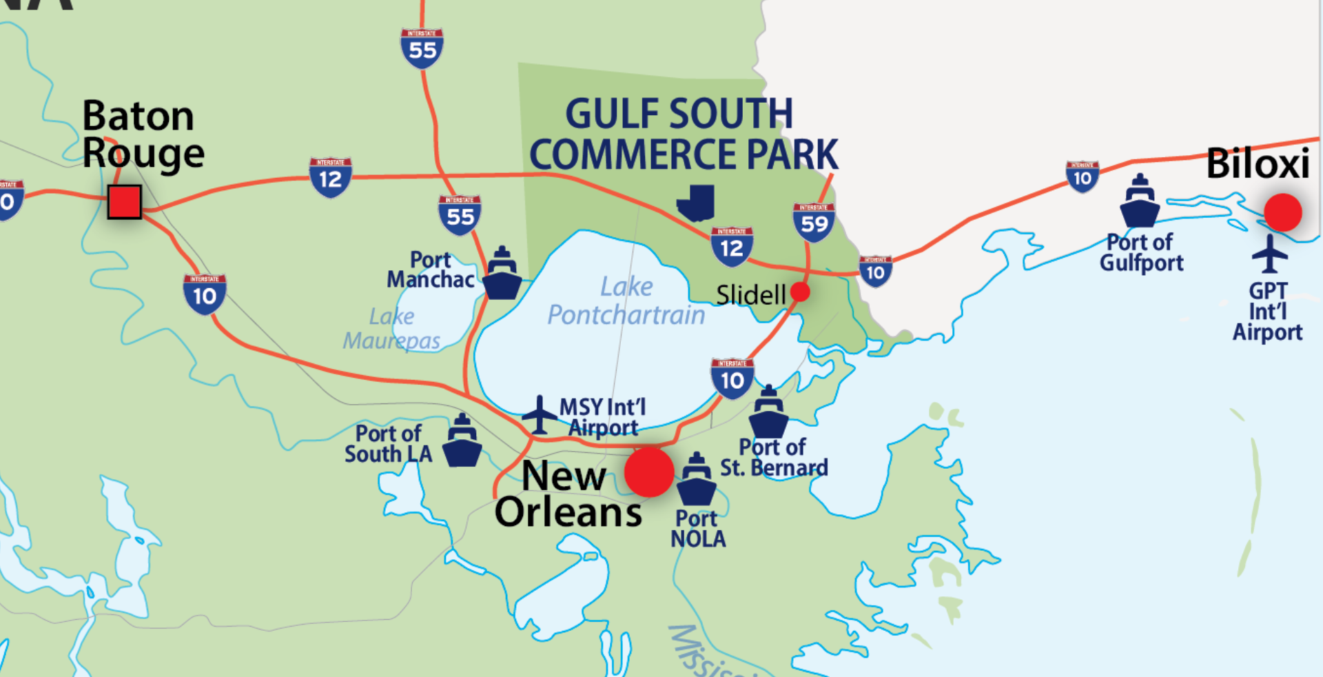 A map showing the strategic business connectivity points in the St. Tammany area.